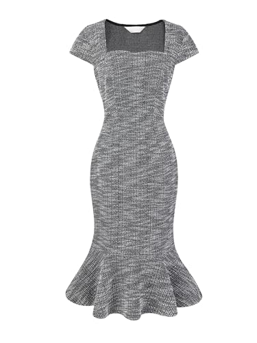 Women's Tweed Fishtail Dress Square Neck Cap Sleeve Formal Work Dresses