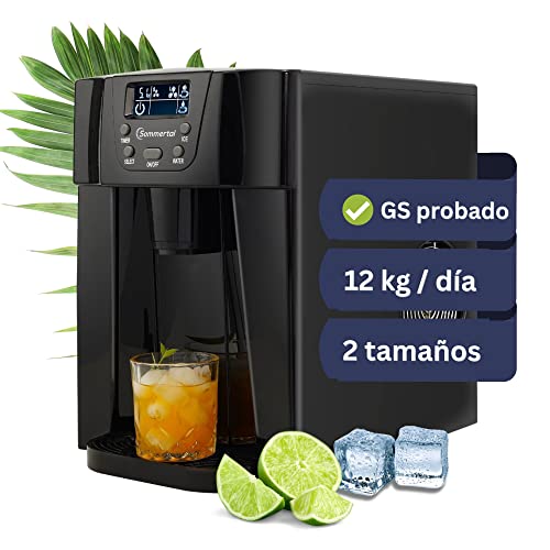 Sommertal Máquina de hielo con función de agua fría EM12E – Ice Maker con rápida producción de hielo a partir de 6 minutos, 12 kg por día, 2 tamaños de cubos, temporizador