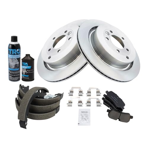 Image of TRQ Rear Brake Pad & Rotor Kit, with Chemical Kit Parking Brake Shoe Set Ceramic Compatible with 2005-2009 Land Rover LR3 2010-2016 LR4 2006-2009 Range Rover Sport
