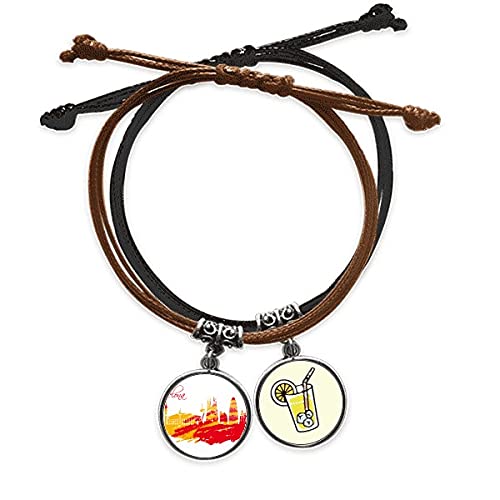 Bracelet Barcelone silhouette ville rouge jaune en cuir et corde