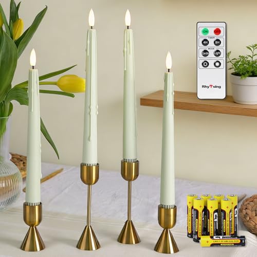 Image of Rhytsing 9.6 inches Sage Green Flameless Taper Candle with Remote, Battery Operated LED Dinner Candles with Timer for Spring and Summer, Wax Dripping Design, 8 Batteries Included - Set of 4