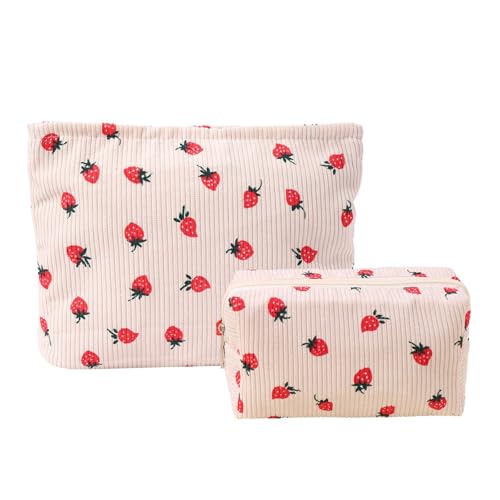 LYDZTION 2PCS Cute Corduroy Makeup Bag Set for Women, Small Travel Toiletry Bag, Coquette Cosmetic Portable Versatile Zipper Pouch - Strawberry