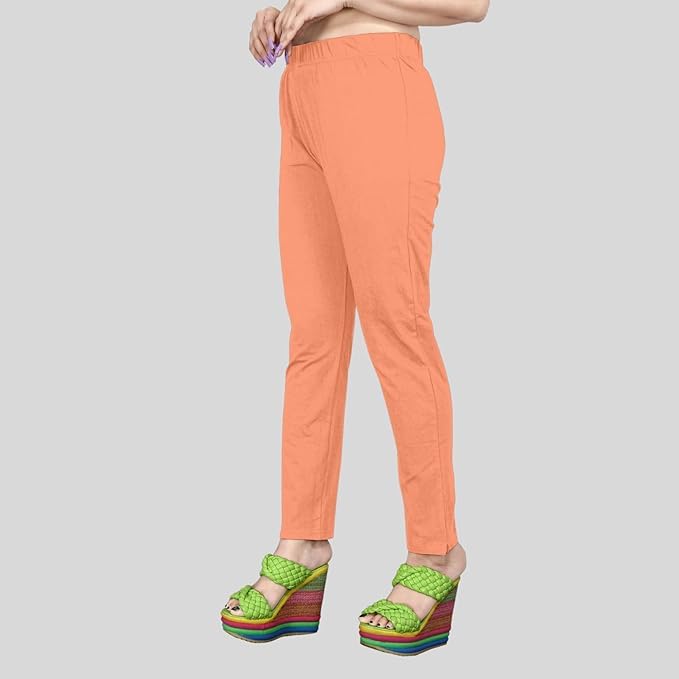 Image of Women's Solid Cotton Lycra Pants-High Waist Slim Fit Stretchable Leggings - Comfortable Long Trousers for Casual, Office & Everyday Wear