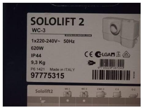 Sololift2 WC-3 Hebeanlage Abwasserhebeanlage, Weiß, Metall, Industrial Compact, Kleinhebeanlage, 452 x 175 x 263 mm, 230 V AC, 640 W, EN 12050-3, 50°C, 22-40 mm Rohrleitungsaußendurchmesser