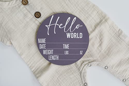 Image of Baby Announcement Sign for Newborn Boys and Girls (Color Bases) - Hello World Nursery Decor Sign & Photo Prop for Babies Made of Birch Wood - 6 inch Circle Board (Purple)