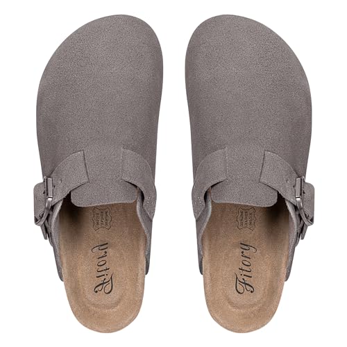 Image of FITORY Womens Clogs Slip-on Potato Shoes Leather Mules Suede Cork Footbed | Comfortable Adjustable Buckles Non-Slip Outsole Casual for Fall Outdoor Walking