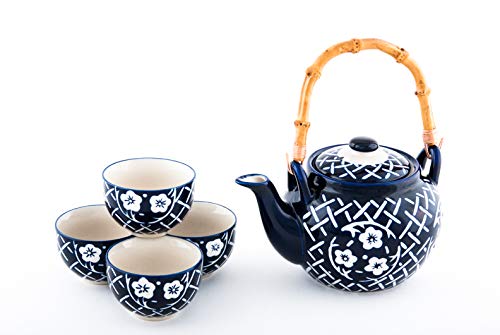 Fuji Merchandise Mira Design Japanese Style 25 fl oz Ceramic Teapot with Rattan Handle and 4 Tea Cups Set