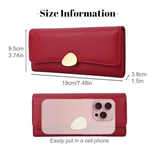 Leather Wallet for Women, Large Capacity Trifold Hand Bag, Credit Card Holder Purse Ladies with ID/Photo Window & Zipper Coin Pocket (Red)3