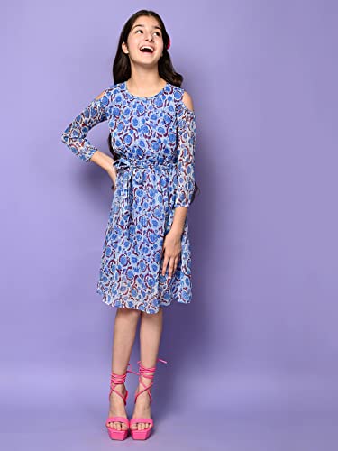 Image of LILPICKS Girls Floral Printed Cold Shoulder Fit n Flare Dress (Blue White)