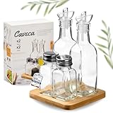 CAVECA Set Aceitera y Vinagrera Antigoteo de Cristal 180ml + Salero y Pimentero Fabricado en España + REGALO, Dispensador de Aceite y Vinagre de Mesa con Vertidor, Botellas de Vidrio Aceite de Oliva