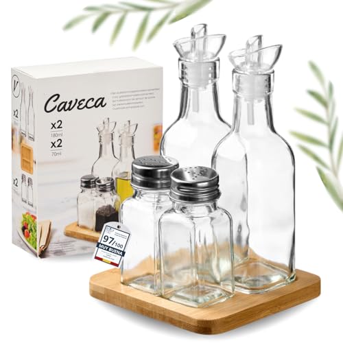 CAVECA Set Aceitera y Vinagrera Antigoteo de Cristal 180ml + Salero y Pimentero Fabricado en España + REGALO, Dispensador de Aceite y Vinagre de Mesa con Vertidor, Botellas de Vidrio Aceite de Oliva
