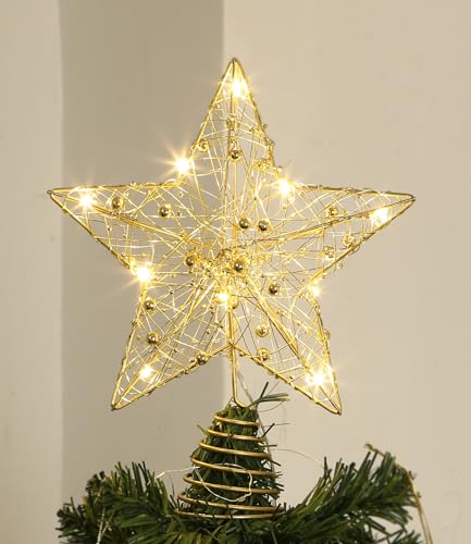 SOBEAU 25 cm ponta da árvore de Natal, estrela de cinco pontas árvore de Natal LED decorações, top para o Natal, Natal Pentagram, metal estrela de ornamento de árvore de Natal ouro