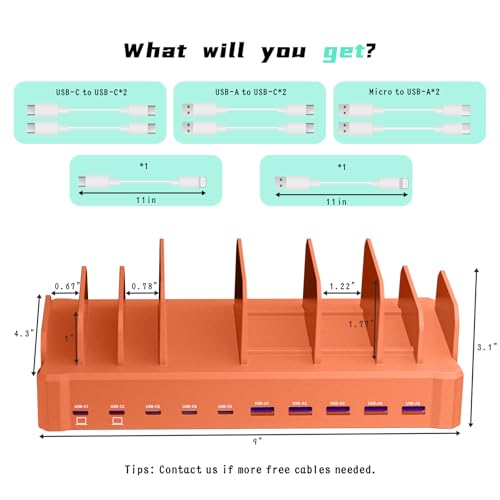 Image of 320W Charging Station for Multiple Devices, Zobirez 10-Port USB C Fast Charger Stations for MacBook, iPhone, Android Cell Phone, iPad, Tablet Family Multi-Device Organizer Charging Dock, Orange