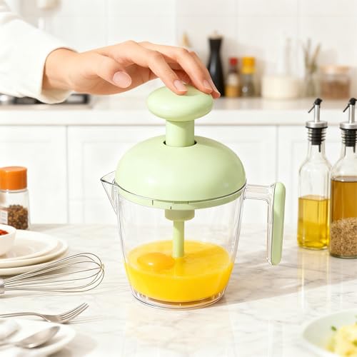 Hand-Press Egg Beater Cup with a Brush,Multi-Blade Kitchen Tool Design Quickly and Effortlessly Whips Kitchen Egg Beater Manual Mixer Built-In Strainer Removes Foam(Green)