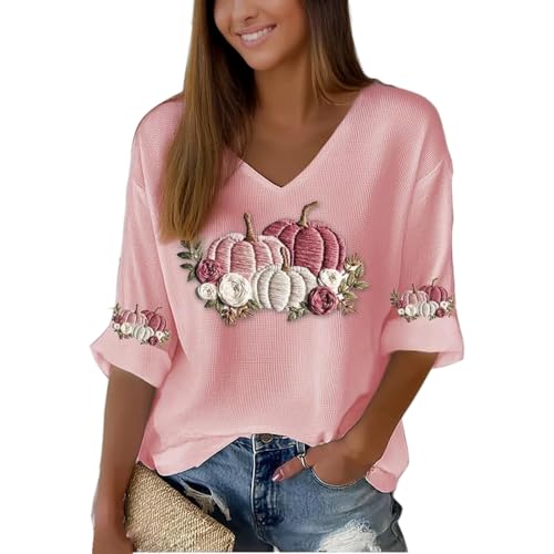 October We Wear Pink Women's Pink Pumpkins Floral Waffle Shirts Breast Cancer Awareness Shirt Tops