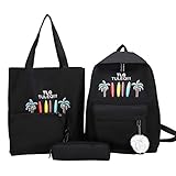heavKin 4Pcs Women Student Boys Girls Fashion Popular Candy Color Letter Print Backpack School Bags Clutch Pencil Case Combination Sub-Package (Black, 29X12X40cm)