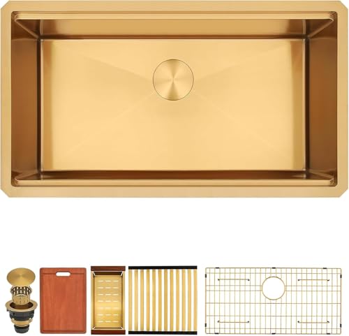 Image of Gold Undermount Kitchen Sink,16 Gauge SUS304 Stainless Steel All In One Workstation Sinks with Full Set Accessories, 32 inch x 18 inch x 10 inch Large and Deep Handmade Single Bowl Kitchen Sinks