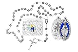 Chapelet médaille miraculeuse en argent, chaque perle a Our Lady of Grace au centre et les lumières sortent de ses mains.