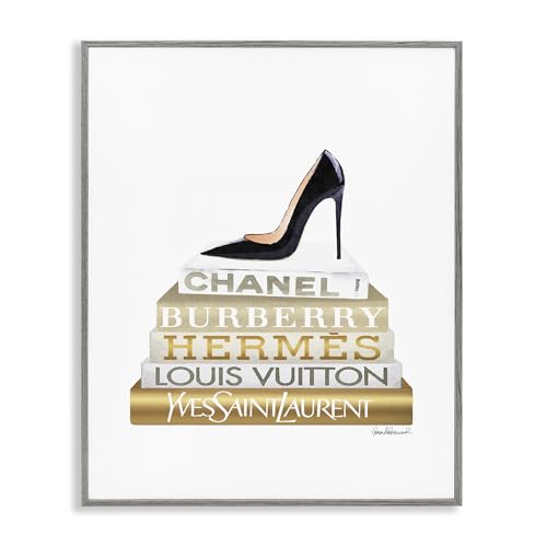 Image of Stupell Industries 'Black Heels Gold White Bookstack', Framed Giclee Art, Gray, 16 x 20 Inches, Easy to Hang and Sturdy, Made in USA, by Amanda Greenwood | Stupell Industries | Gray, 16 x 20 Inches, Easy to Hang and Sturdy, Made in USA, by Amanda Greenwood