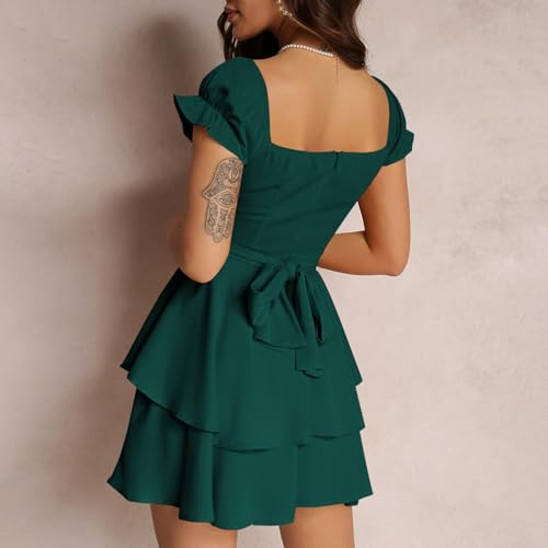 Image of Women Summer Boho Ruffle Short Dress Square Neck Layered Flowy Swing Solid Color Casaul Sun Beach Mini Dresses