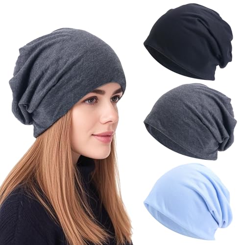 FOSDICK 3 PCS Gorros Oncológicos para Mujer, Pañuelos Turbantes Sombrero Oncologicos Elástico PañUelos Oncologicos Verano (Negro, Gris, Azul)