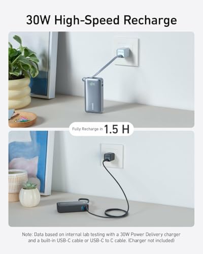 Image of Anker, 545 Nano Power Bank, 10,000mAh, 30W Internal USB-C Cable