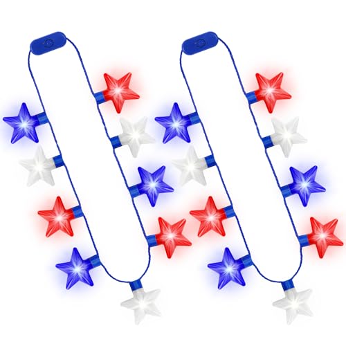 Image of 4th of July Accessories, 2Pcs Independence Day LED Holiday Light Up Stars Necklace, Red Blue White Flashing Necklace for 4th of July Parades Patriotic Celebration Themed Firework Party Memorial Day