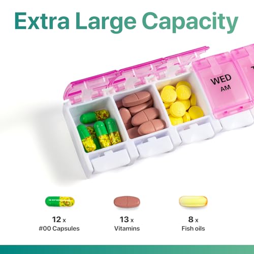 Image of Sukuos AM PM Weekly Pill Organizer 7 Day, 2 Times A Day Medicine Pill Box with Easy Push Button, BPA Free Vitamin Cases for Fish Oil /Supplements, Easy to Clean (Purple&Pink)
