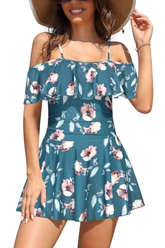 SHEKINI Damen Einteiliger Badeanzug Badekleid Rückenfrei Baderock Ruched Bauchweg Bauchkontrolle Damen Strandbadeanzug Bademode Großer Größe Schwimmrock(L Tiefgrün - Blume)