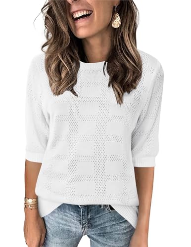 Zeagoo Womens Loose Short Sleeve Tunic Tops Lightweight Crew Neck Crochet Knit Pullover Sweater Blouses