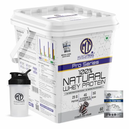 Image of MuscleTrail Pro Series Whey Protein, 50 Pouches, 25g Protein, Isolate Source, Low Carb, 4g Glutamine & Glutamic Acid, 5g BCAA (60 Serving, Cookies & Cream)