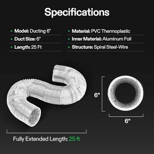 VIVOSUN 2-Pack 6 Inch 25 Feet Non-Insulated Flex Air Aluminum Ducting Dryer Vent Hose for HVAC Ventilation with Four 6 Inch Stainless Steel Clamps
