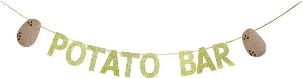KUNGOON Potato Bar Banner,Glitter Paper Sign for Potato Bar Decorations,Potato Theme Fries Restaurant Cafe Bar Party Supplies,Potato Theme Baby Shower Birthday Supplies for Kids Funny Potato Fans Party Supplies Decor.