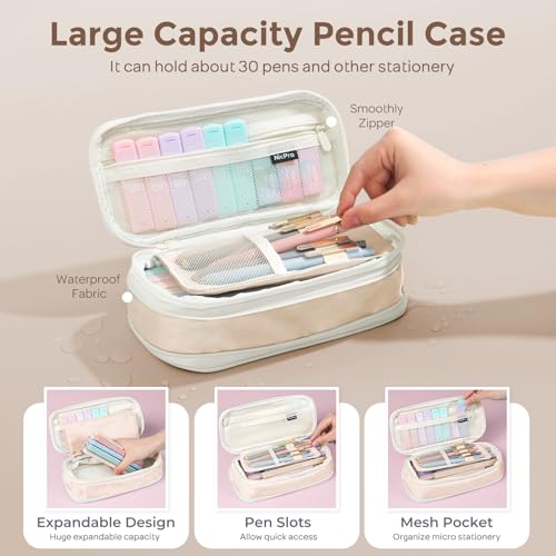 Image of Nicpro School Supplies Stationary Set with Pencil Case, 39 PCS Cream | Back to Schoo Supplies, Pen Case with 12 Highlighter, 5 Gel Pen, 6 Mechanical Pencil, Essentials for College, Nursing Student