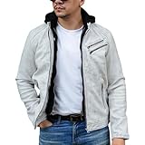 Jild Casual Hooded Vintage Leather Jacket Men - Lambskin Leather Motorcycle Jacket with Removable Hood for Men’s Fashion (Hood.M-White-M)