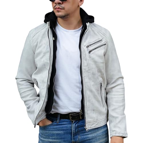 Jild Casual Hooded Vintage Leather Jacket Men - Lambskin Leather Motorcycle Jacket with Removable Hood for Men’s Fashion (Hood.M-White-M)