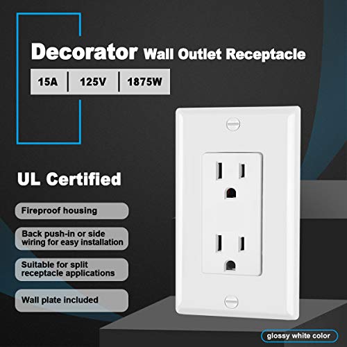 Image of (10 Pack) CML 15 Amp Decor Receptacle Outlet, Standard Decorator Electrical Wall Outlet with Wallplate, 15A /125V, UL Listed, White