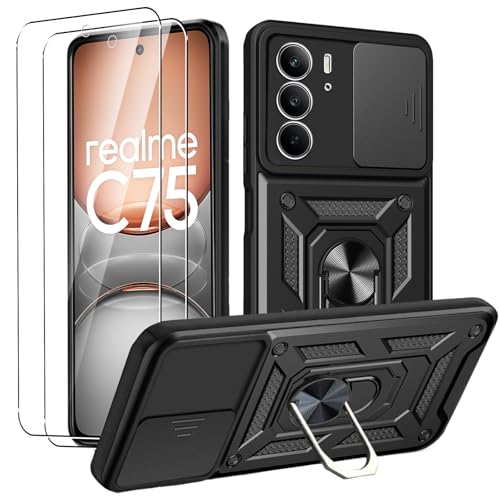 MEMELOKA Funda para Realme C75 4G/Realme C75 5G/Realme 14x 5G + 2 Piezas Cristal Templado, Armor Carcasa Militar Antiarañazos con 360° Soporte de Anillo Antigolpes Carcasa, Negro