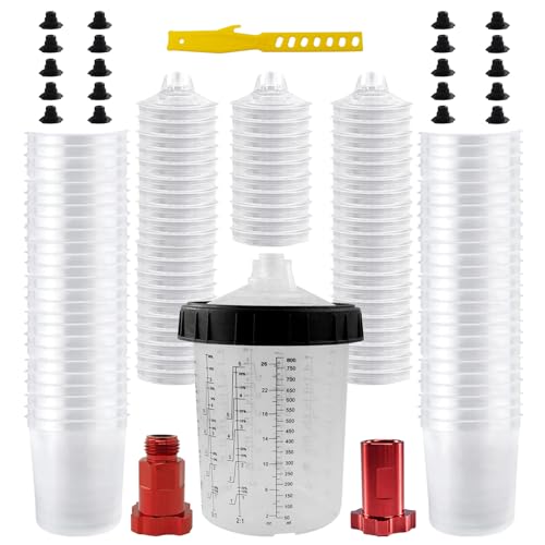 Image of RRJ Disposable Paint Cup Automotive Spray Gun Paint System, for LVLP /HVLP Spray Gun Kit 27 Ounce(800ML) Mixing Cups with 50 Liners and Lids, 1 Hard Cup with Retainer Ring, 2 Adapter, Stirrer