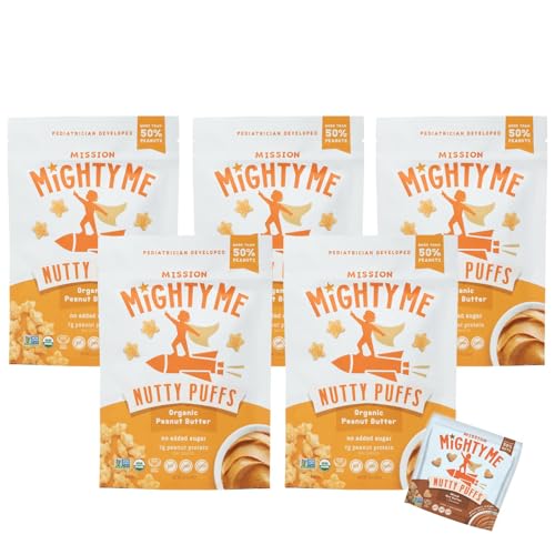 Mission Mighty Me Nutty Puffs Organic Peanut Butter Puffs for Babies + Kids - Pediatrician Developed Plant-Based Gluten-Free Baby Snack - Peanut and Tree Nut (6 Pack - 5 Pack Plus Mixed Nut Sample)