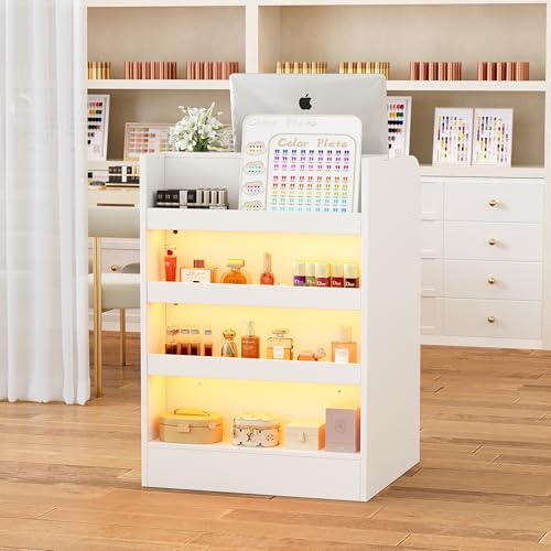 Mostrador de Recepción con Iluminación LED y Estante Expositor, Mesa de Mostrador con Cerradura y 4 Estantes, Pequeño Mostrador de Recepción para Oficina, Tienda, Salón, 95 x 60 x 60 cm, Blanco