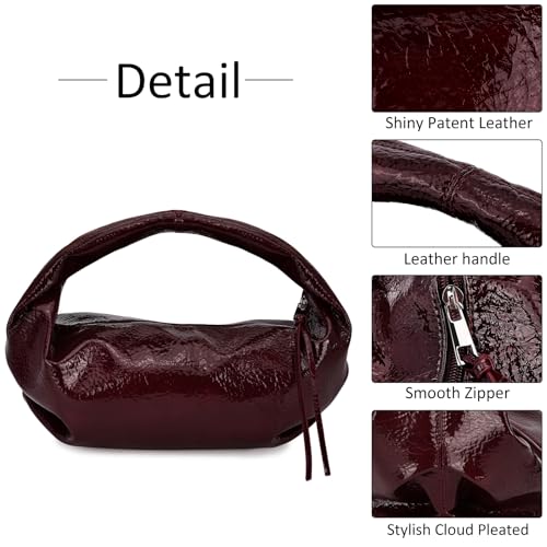Image of Cloud Pouch Bag Women Shoulder Handbag Soft Zip Handbag Pleated Glossy Leather Hobo Mini Small Purses Ruched Cloud Bags (Burgundy)