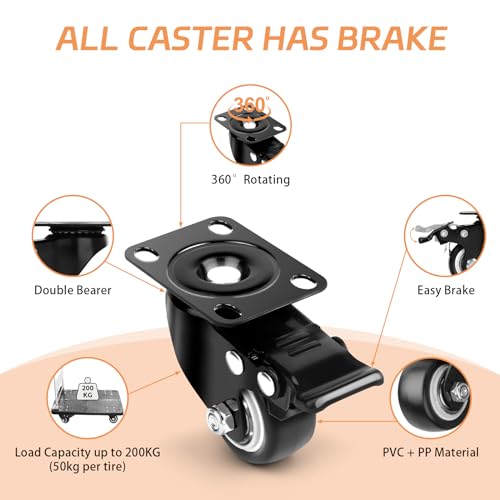 LWMTT 4er Möbelrollen 40mm Schwerlastrollen mit Bremse 360° Rollen für Möbel 4 Stk bis 200kg Leise Transportrollen mit Schrauben und Unterlegscheiben für Möbel Transport Tisch Kabinett