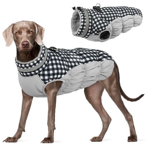 Image of Dog Coat for Large Dogs,Waterproof Dog Winter Jacket with Harness Built in Puppy Cold Weather Coats Reflective Pet Vest with Zipper Warm Fleece Dogs Snowsuit Windproof Checkerboard 3XL