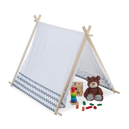 Relaxdays Tienda Campaña Infantil, Niñas, Forma Tipi, para Interiores y Exteriores, 92x92x120 cm, Gris y Blanco, Color (10035301)