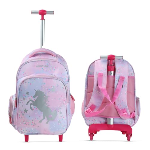 Image of NOVEX Unicorn Kids Backpack Trolley | 18 Inch Baby Pink School Bag with 2 Wheels | Cute Girls Travel Spinner Luggage with 2 Compartments | Lightweight Easy-to-Carry Polyester - 52 cm