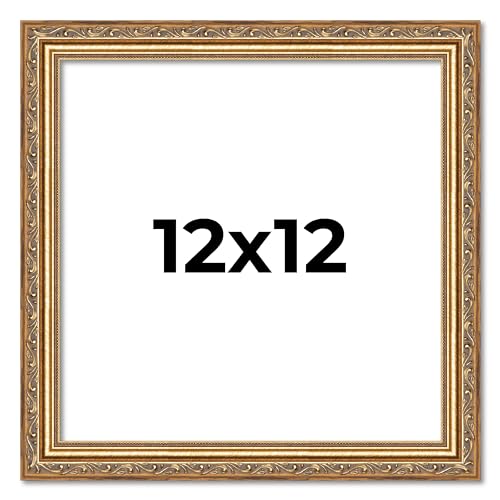 Poster Palooza 12x12 Traditional Antique Gold Wood Picture Square Frame - Picture Frame Includes UV Acrylic, Foam Board Backing, & Hanging Hardware