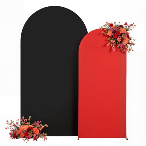 Image of Red Black Arch Backdrop Cover for Wedding, Set of 2 Stretchy Spandex Fitted Arch Stand Cover for Baby Shower, Birthday Party Decor, Chiara Backdrop Cover with Double-Sided Design(7.2FT 6FT)