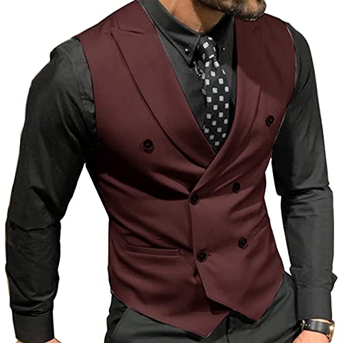 Men's Vest Double Breasted Lapel Slim Fit Wedding Vest Formal Casual Suit Waistcoat for Tuxedo Blazer 6 Color (Color : Burgundy, Size : XXX-Large)