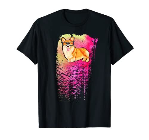 Dog & Glasses on Pink Watercolor Brush Art - Welsh corgi T-Shirt
